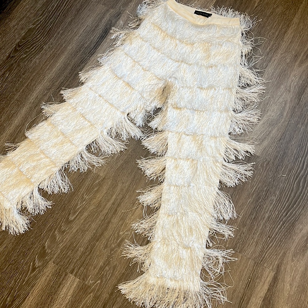 White fringe pants
